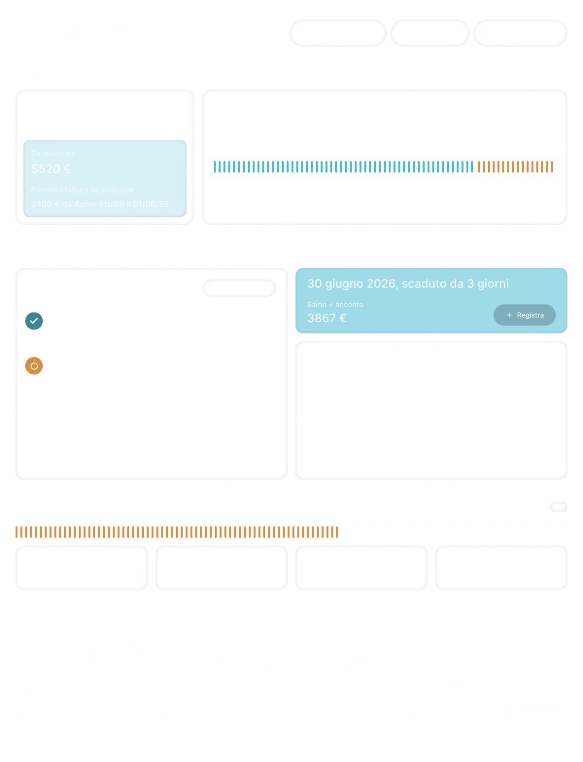 Dashboard finanziaria 4fett con fatturato, incassato, netto disponibile e limite di 85.000 €